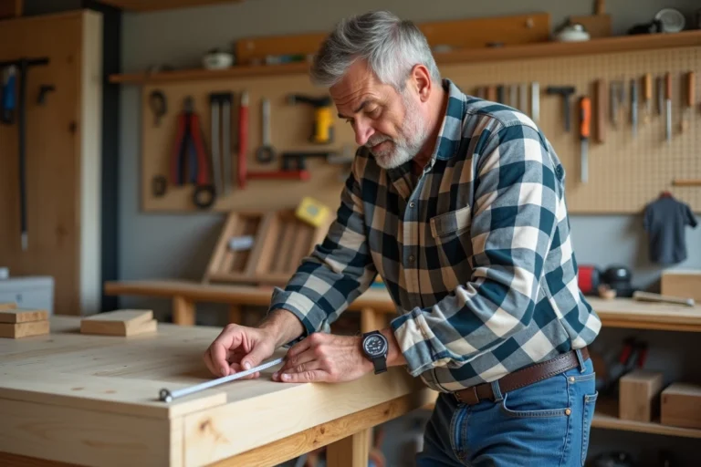 Homme mesurant une étagère en bois dans un atelier organisé