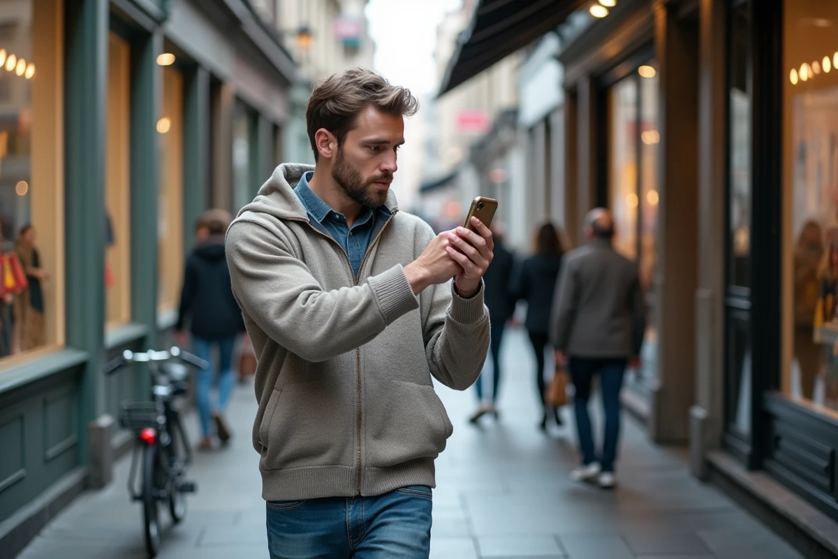 Homme prenant en photo une vitrine en ville