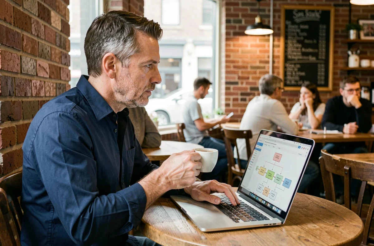 Homme naviguant sur le plan d'un magazine en ligne depuis son ordinateur portable dans un café urbain
