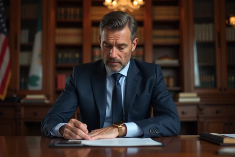 Politicien homme en costume navy dans un bureau officiel