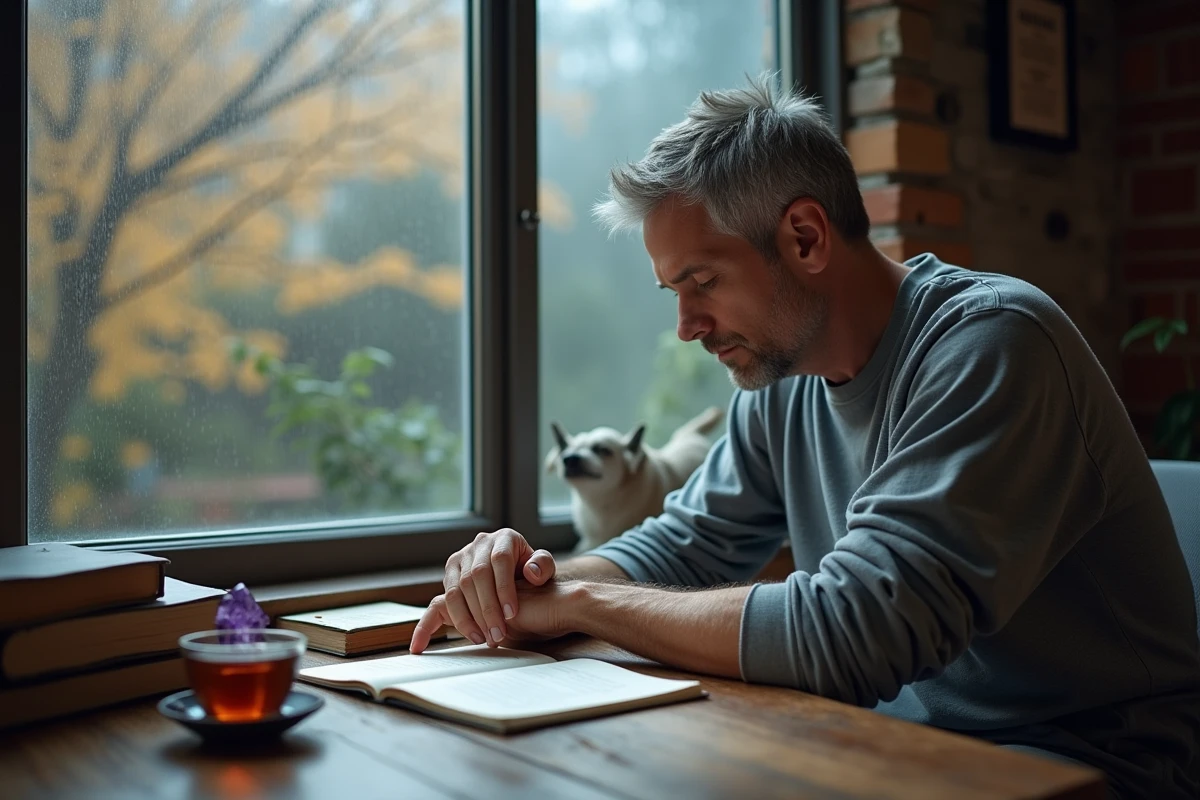 Homme contemplatif examinant son poignet gauche, évoquant la dimension spirituelle et énergétique de la douleur au poignet