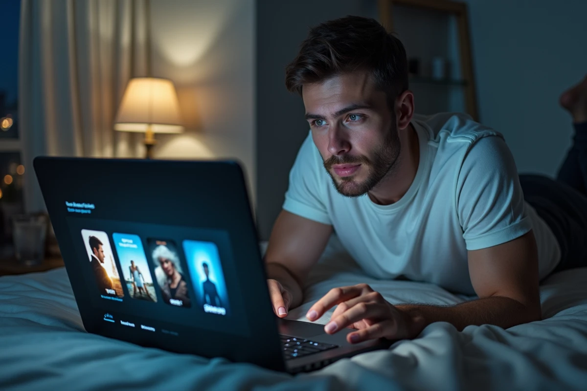 Homme allongé sur son lit regardant une plateforme de streaming sur son ordinateur portable le soir