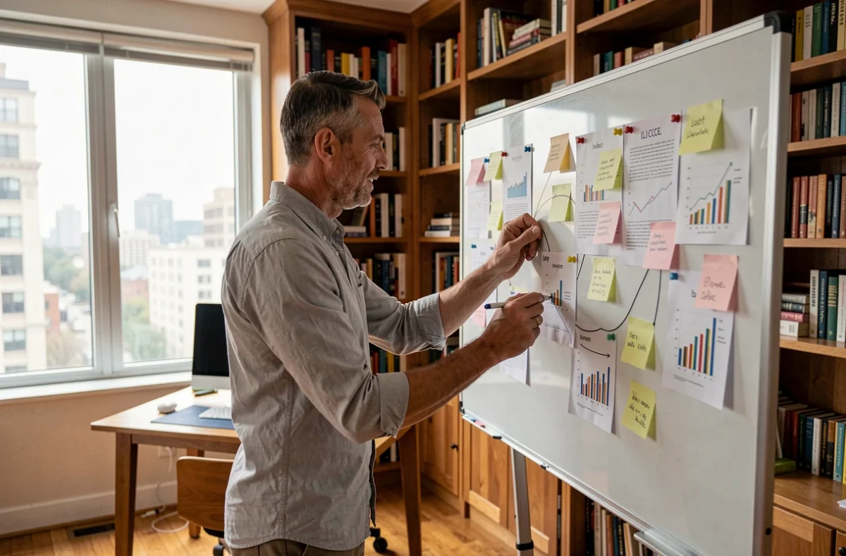 Homme travaillant sur un tableau blanc avec des graphiques de données dans un bureau à domicile bien organisé