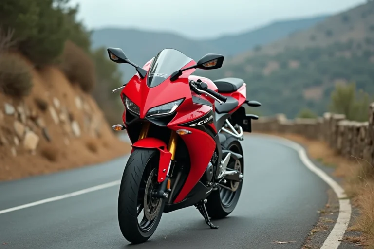 Honda CBR1000F SC24 stationnée sur une route de montagne sinueuse, profil complet révélant le carénage et le double phare caractéristiques de la version originale