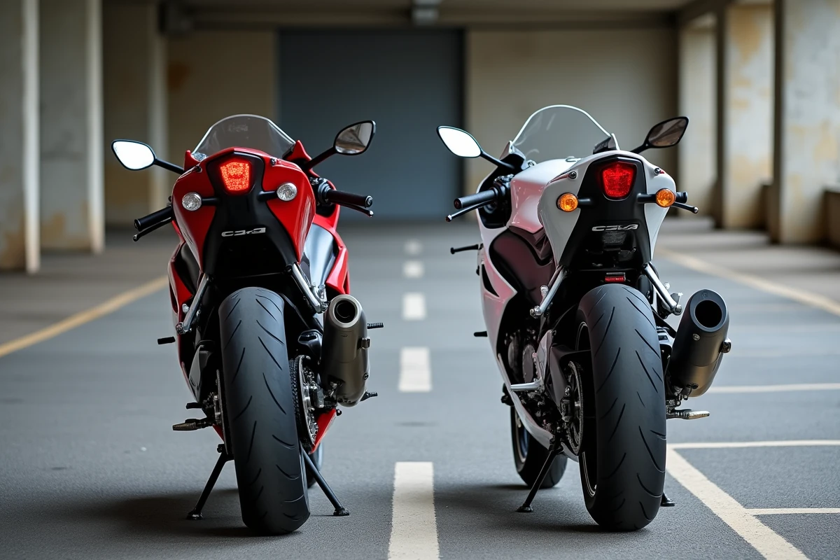 Comparaison côte à côte d'une Honda CBR1000F SC24 rouge et d'une SC25 blanche dans un parking provincial, vue 3/4 arrière mettant en évidence les différences de silhouette entre les deux versions