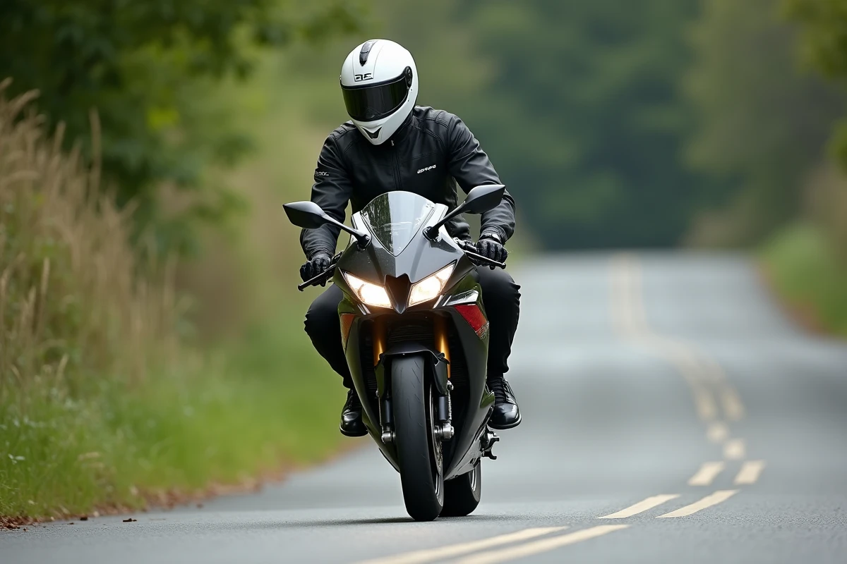 Motard en pleine conduite sur une Honda CBR1000F SC25 en virage sur route de campagne française, vue 3/4 avant basse mettant en valeur le carénage redessiné