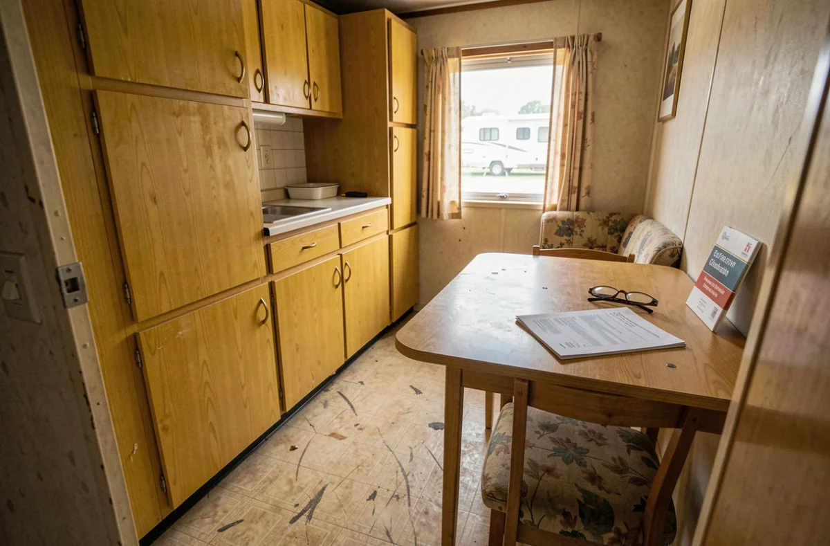 Intérieur vieilli d'un mobil-home avec documents administratifs sur la législation des résidences mobiles de plus de 20 ans