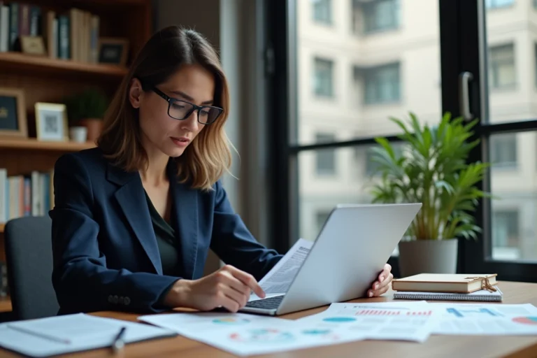 Femme investisseuse immobilière analysant des documents de rentabilité locative dans un bureau moderne
