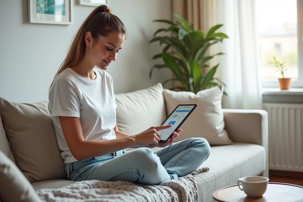 Jeune femme assise sur un canapé chez elle consultant une plateforme de formation en ligne sur tablette numérique