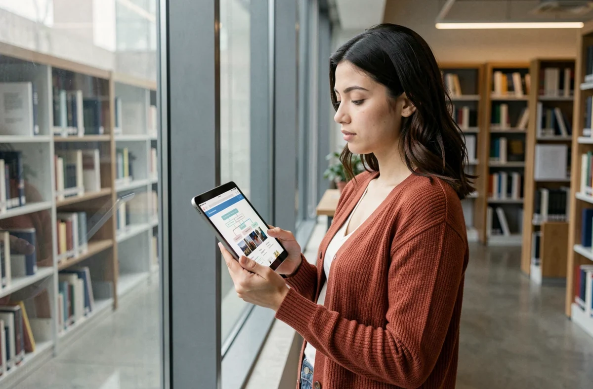 Jeune femme consultant le plan d'un magazine en ligne sur une tablette dans une bibliothèque moderne