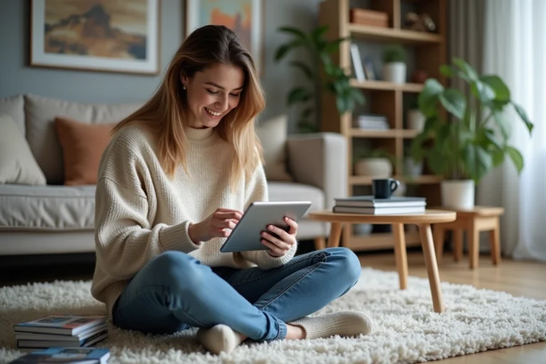 Jeune femme souriante avec tablette dans un salon cosy