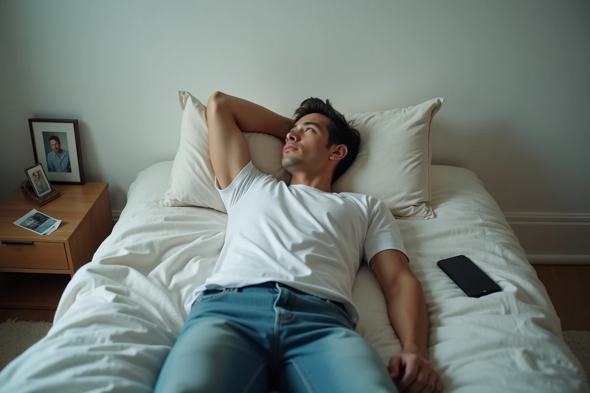 Jeune homme allongé sur un lit défait dans une chambre urbaine, fixant le plafond avec son téléphone posé à côté, illustrant le manque et l'attente