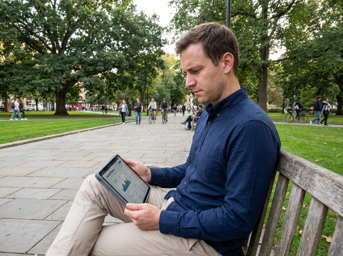 Jeune homme utilisant une tablette dans un parc urbain