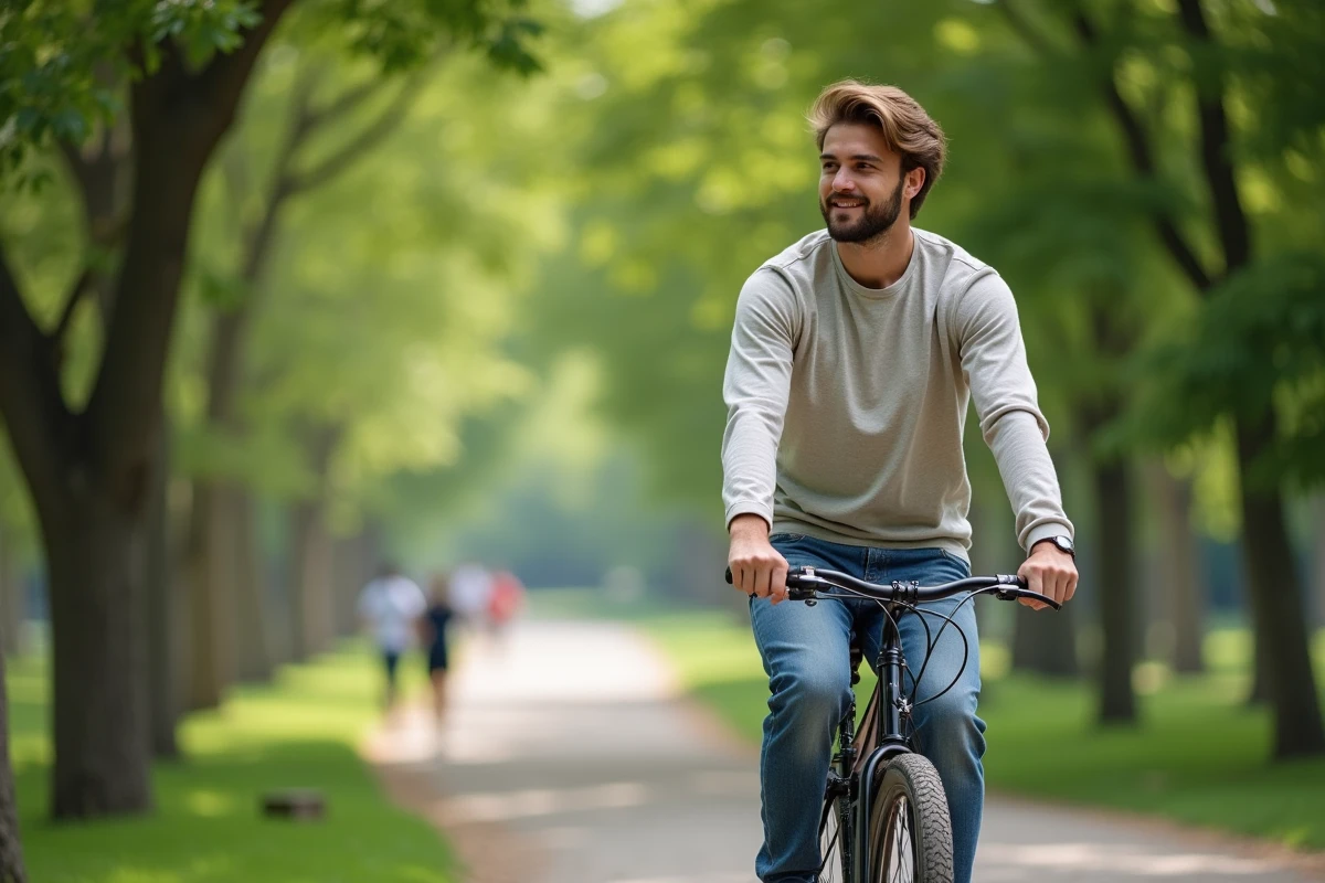 Jeune homme à vélo dans un parc verdoyant et animé