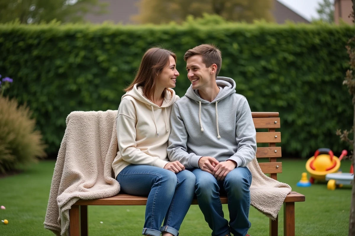 Maman et son fils dans un jardin verdoyant