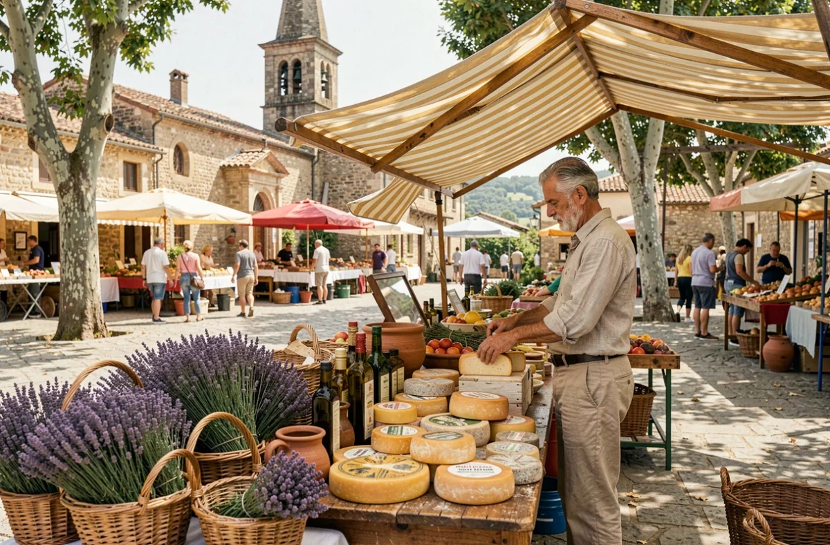 Marché provençal animé sur la place du village de Bargemon avec étals de produits locaux et tour de l'église