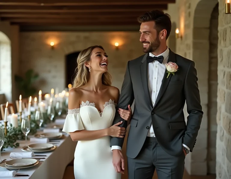Mariés riant ensemble lors d'une réception de mariage dans une ferme en pierre décorée de fleurs et de bougies