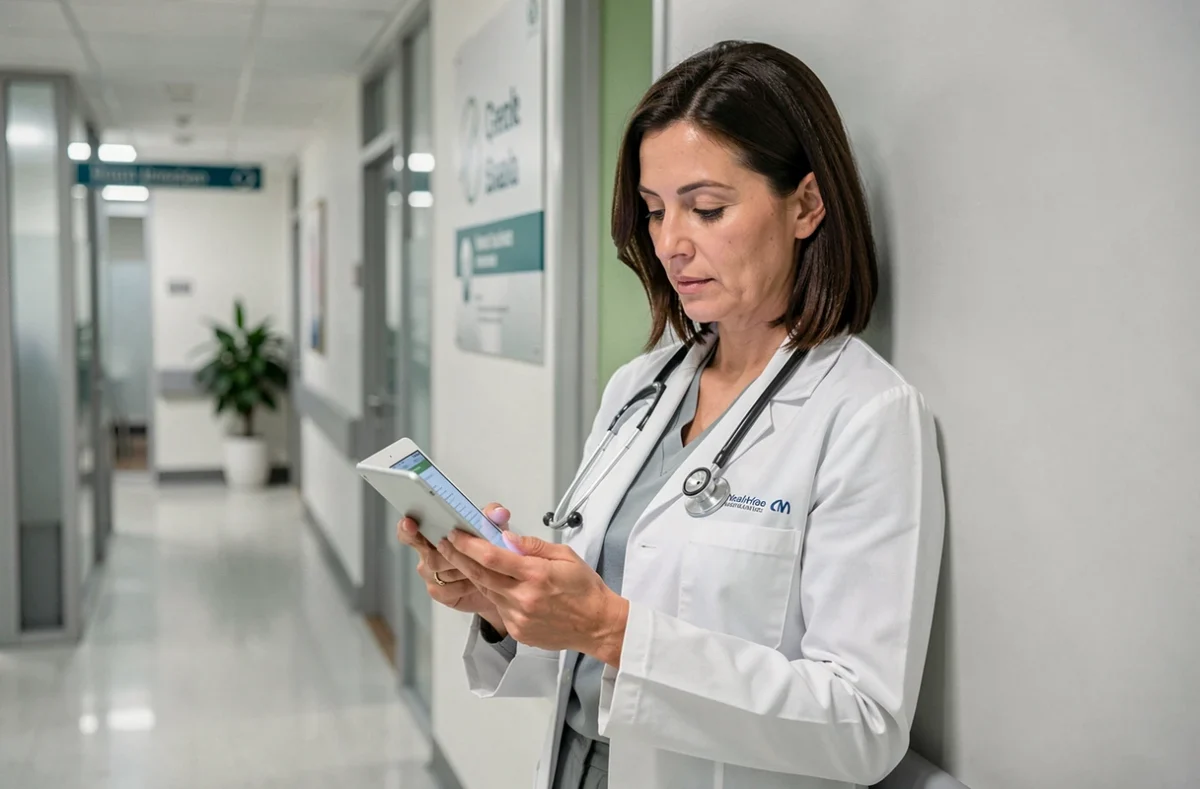 Médecin femme lisant les dernières actualités santé sur une tablette dans un couloir d'hôpital moderne