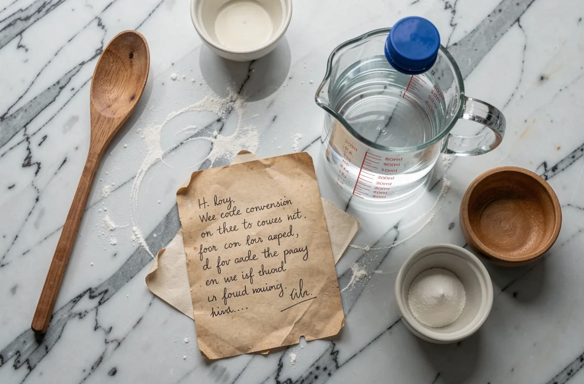 Vue du dessus d'un verre doseur à 200 ml et d'une bouteille d'un litre sur un plan de travail en marbre avec une note de conversion