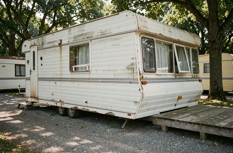 Mobil-home de plus de 20 ans dans un camping français avec façade vieillie et terrasse en bois dégradée
