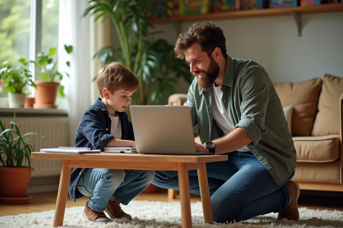 Père et fils étudiant avec un ordinateur dans le salon