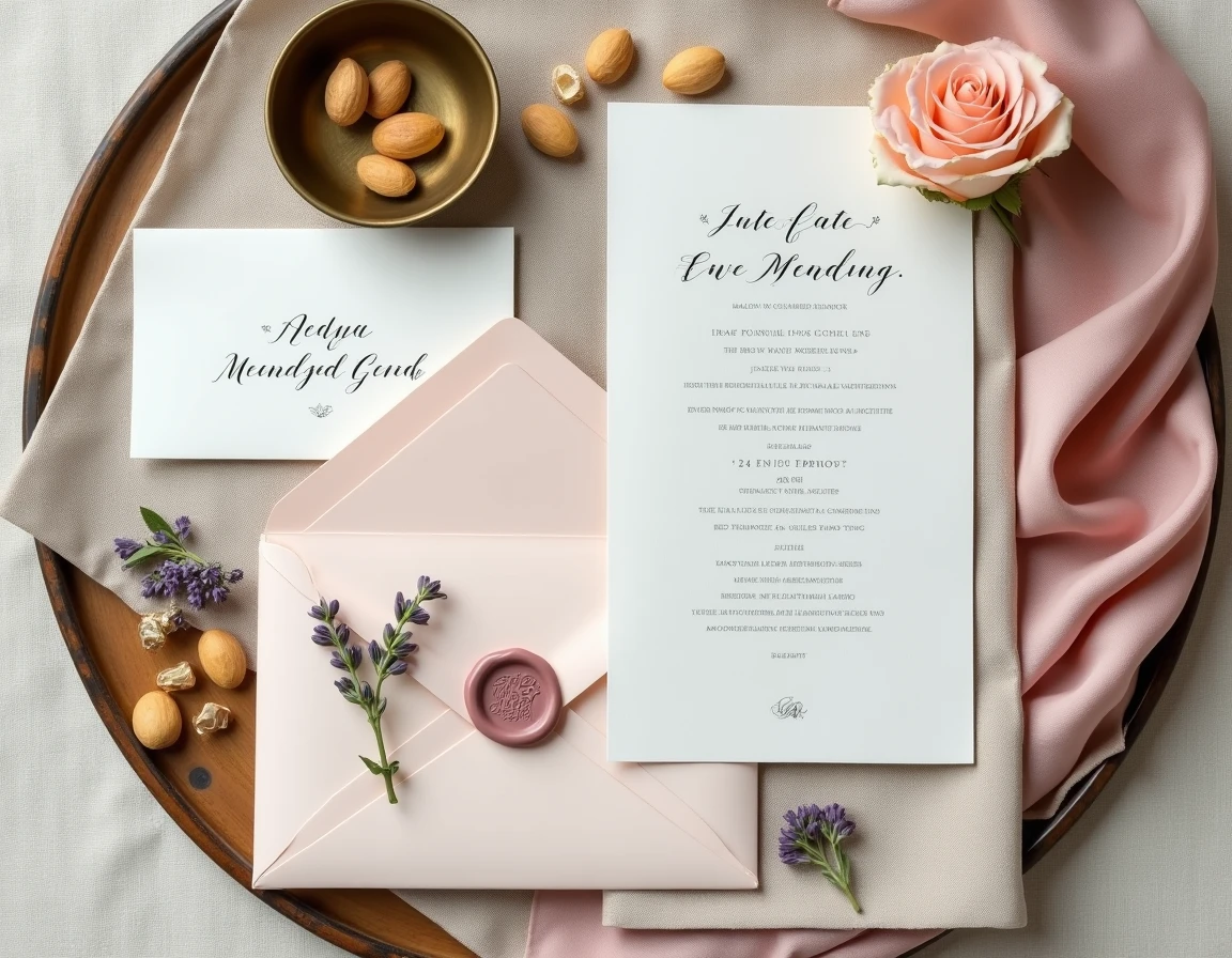 Papeterie de mariage personnalisée en vue aérienne avec faire-part calligraphiés, cire à cacheter et fleurs séchées sur lin crème