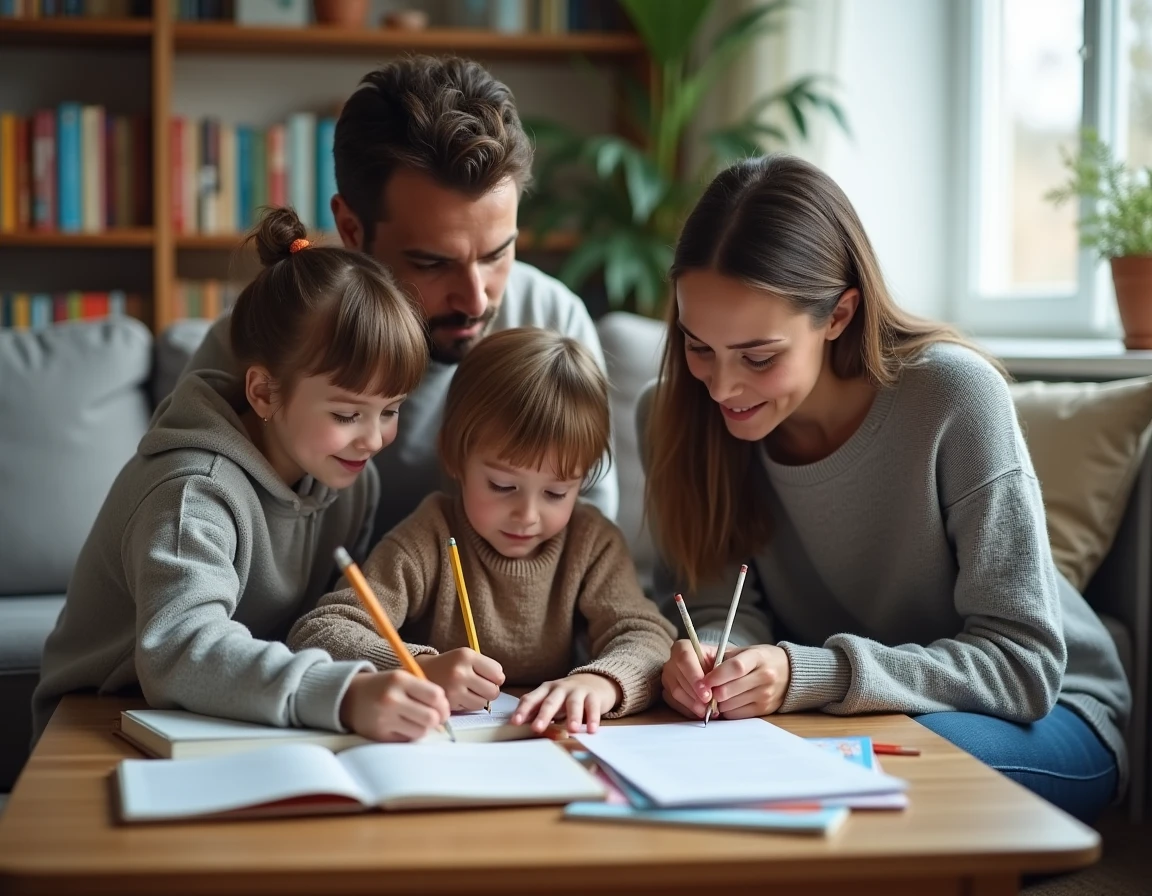 Parents aidant leurs enfants à faire leurs devoirs dans un salon familial chaleureux
