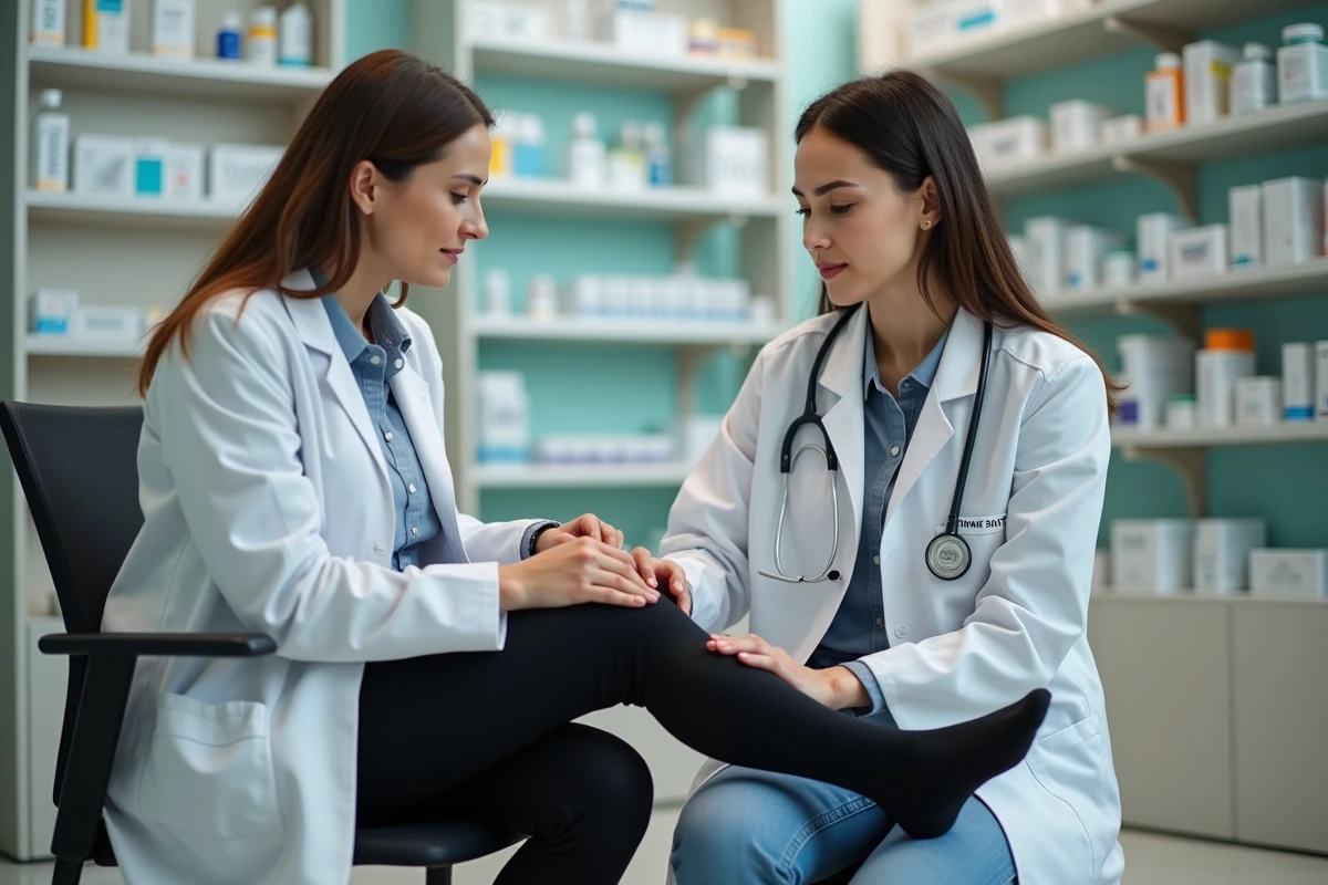 Pharmacienne aidant une cliente à repositionner un bas de contention noir glissé, conseil professionnel en pharmacie