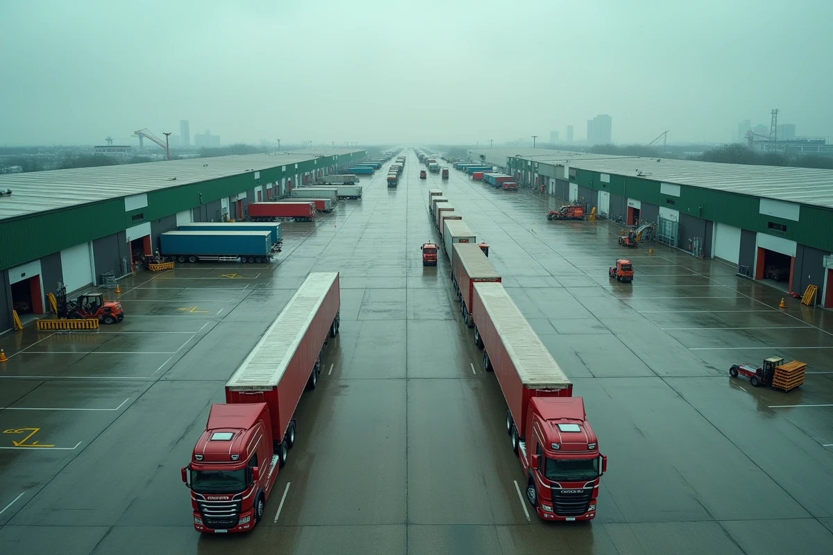 Vue aérienne d'une plateforme logistique avec camions aux quais de chargement et chariots élévateurs en activité