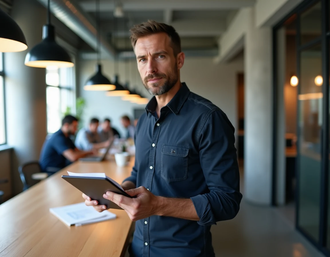 Professionnel évaluant des solutions alternatives sur tablette dans un espace de coworking