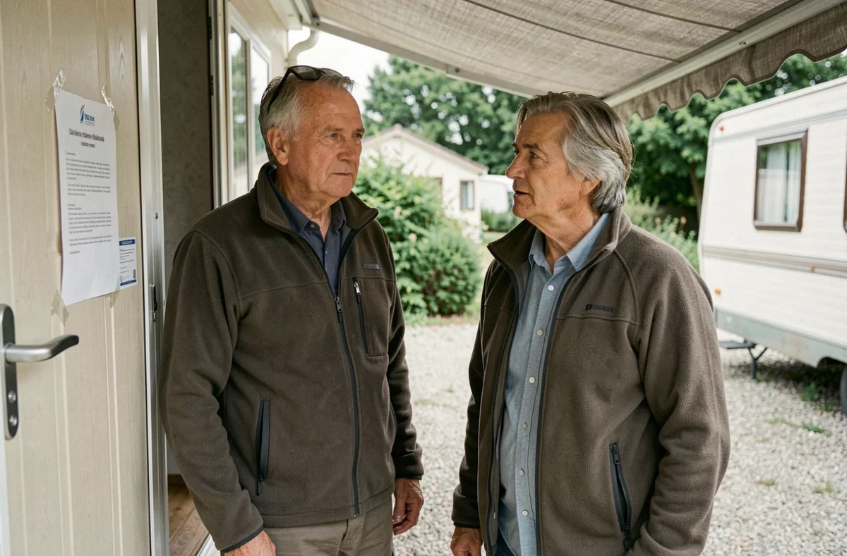 Couple de propriétaires de mobil-home âgé consultant un document officiel de législation devant leur résidence de camping