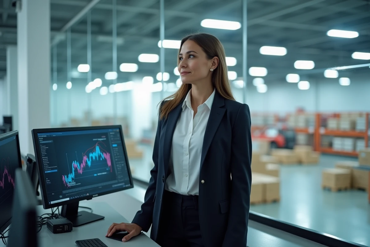 Responsable logistique féminine dans une salle de contrôle supervisant les opérations d'une plateforme logistique via des écrans de suivi