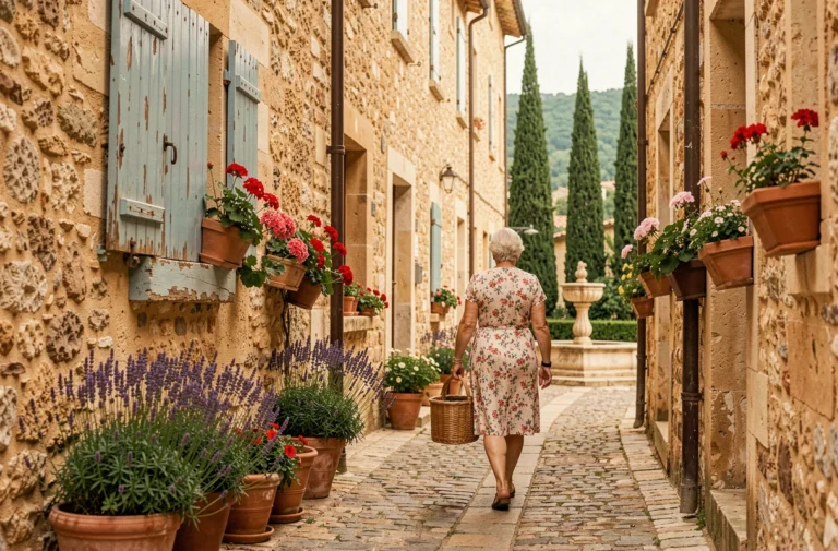 Ruelles pavées authentiques du village provençal de Bargemon avec façades en pierre dorée et volets bleus délavés