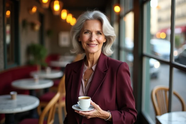Femme élégante de 60 ans souriante dans un café parisien, illustrant la séduction et la confiance après 60 ans