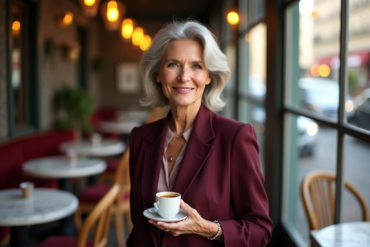 Femme élégante de 60 ans souriante dans un café parisien, illustrant la séduction et la confiance après 60 ans