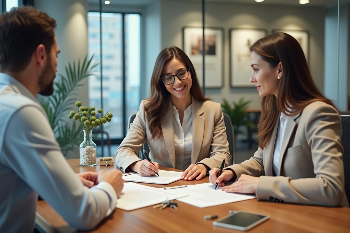 Signature d'un contrat d'investissement locatif entre acheteurs et agent immobilier dans une agence moderne