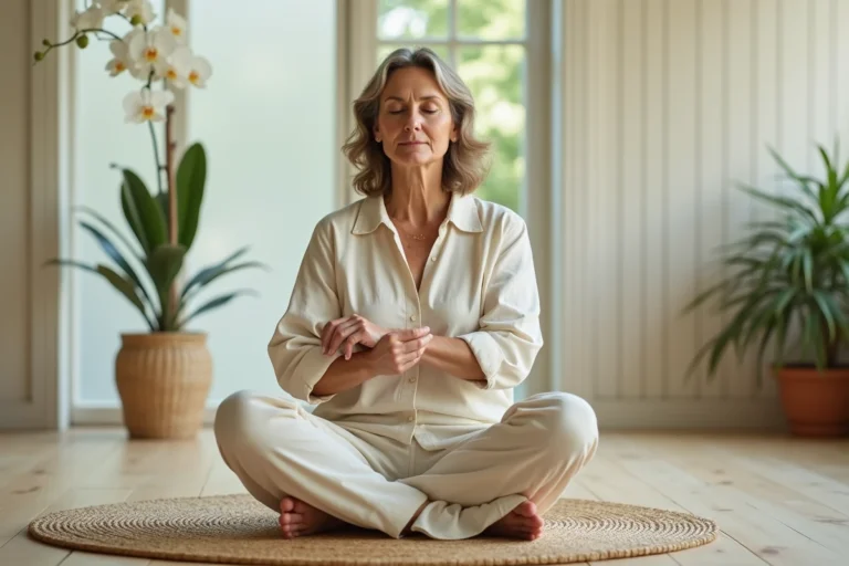 Femme en méditation tenant son poignet gauche, symbolisant la connexion entre douleur physique et signification spirituelle