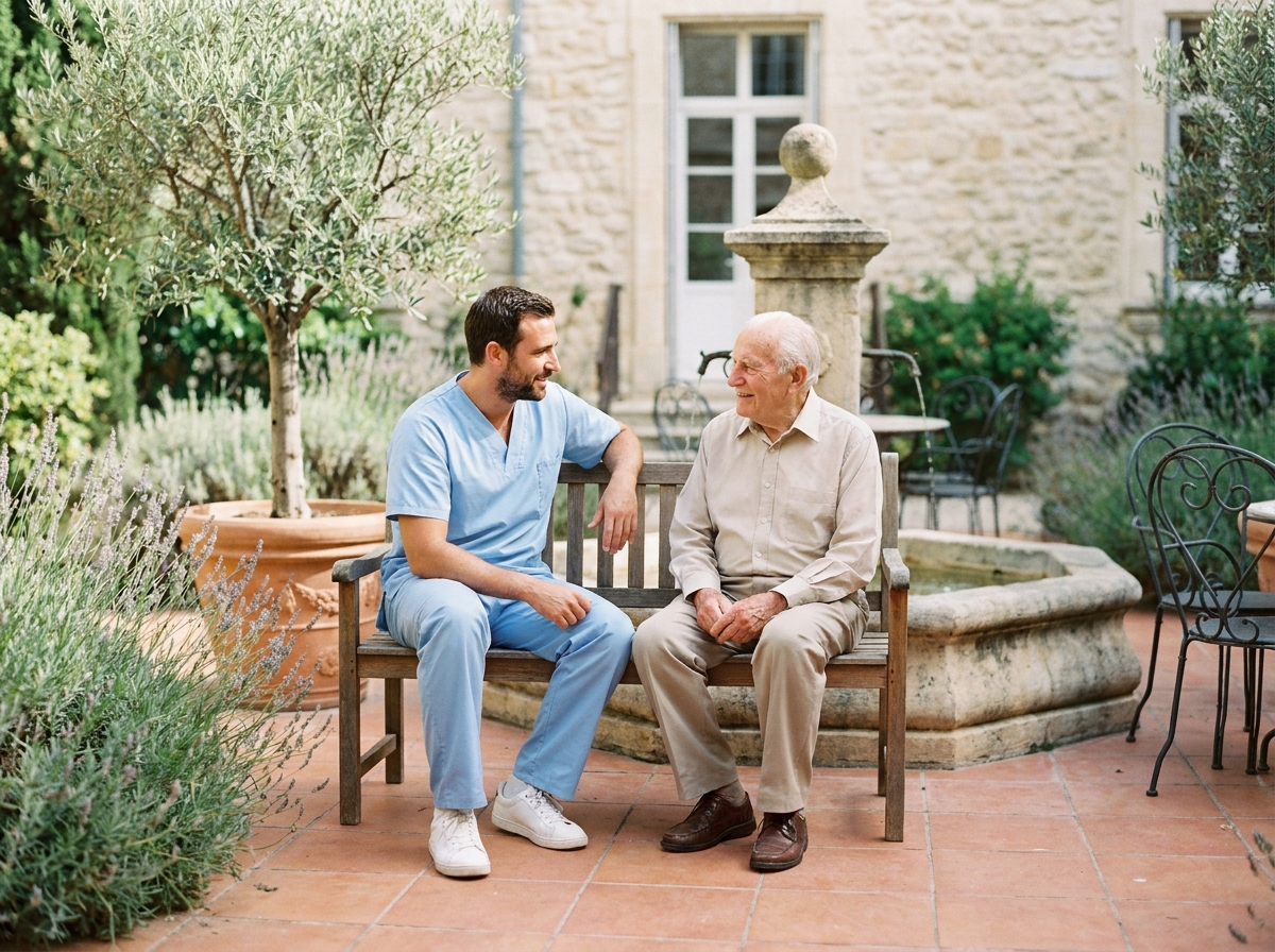 Aide-soignant en conversation avec un résident âgé dans le jardin d'un EHPAD à Marseille