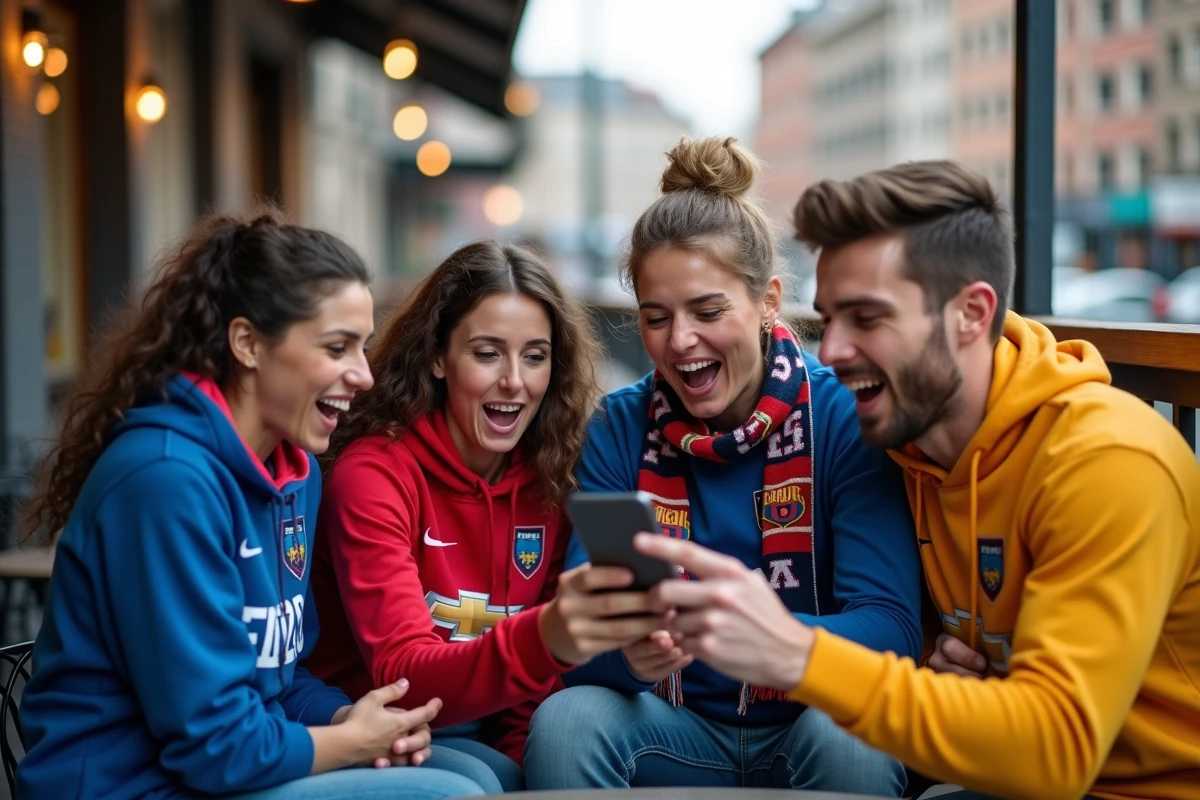 Groupe de supporters lisant les dernières actualités sportives sur un smartphone en terrasse de bar urbain