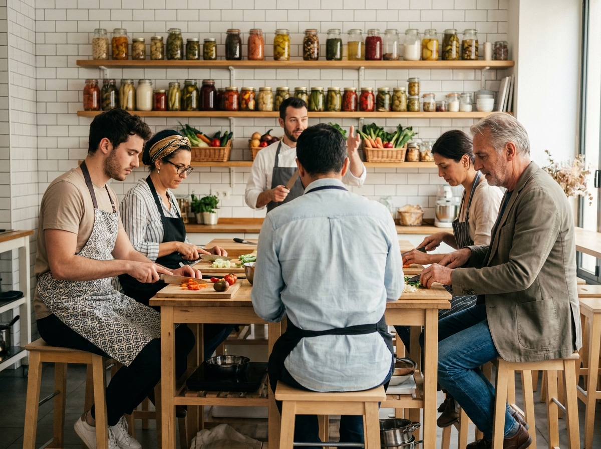 Groupe de professionnels diversifiés participant à un atelier cuisine animé par un chef dans un studio culinaire parisien pour un team building original