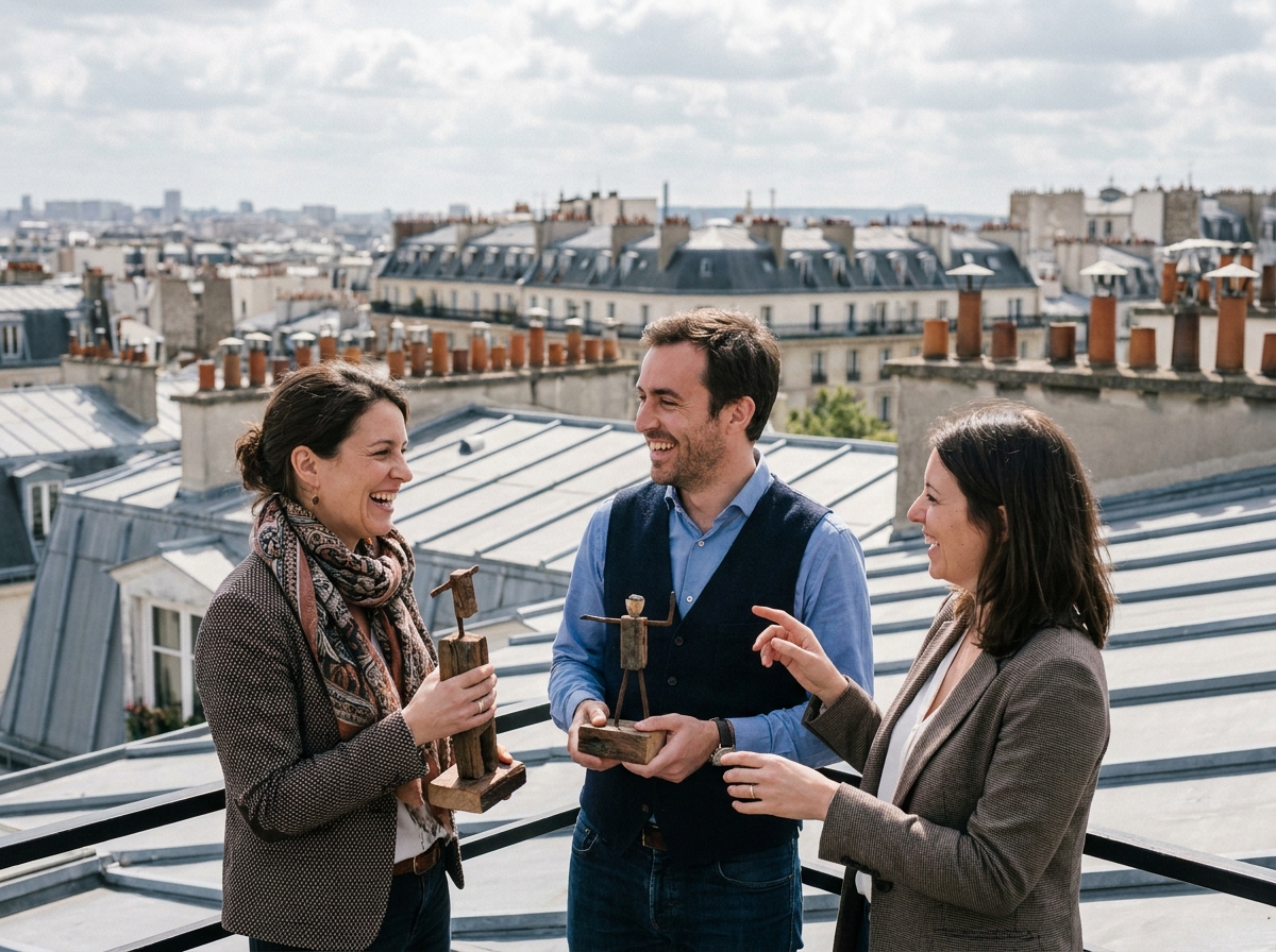 Trois collègues célébrant une réussite collective sur un toit parisien avec vue sur les toits haussmanniens lors d'un team building en plein air