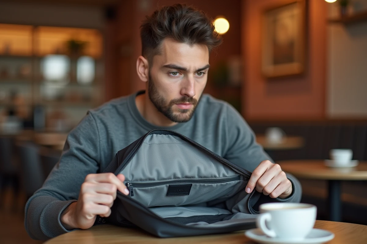 Jeune homme dans un café vérifiant l'étiquette intérieure et la doublure d'un sac Cabaia pour authentifier le produit