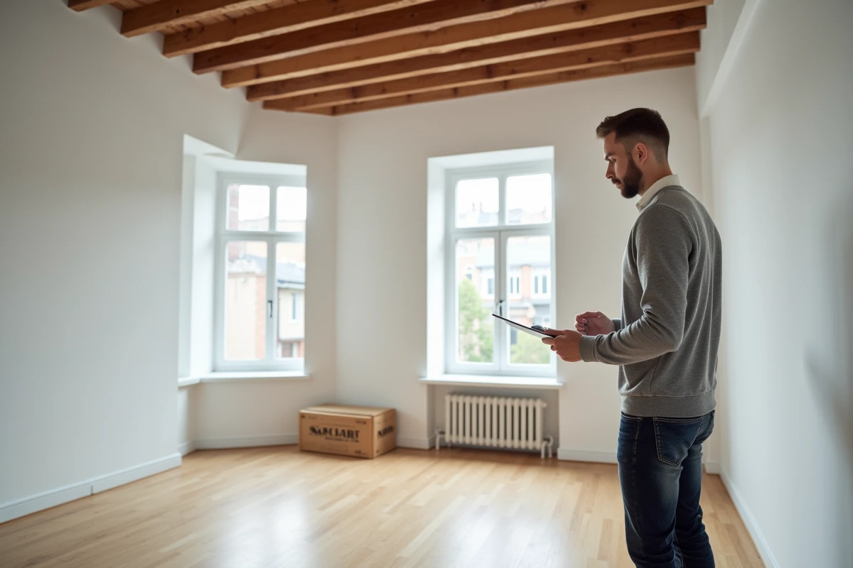 Investisseur immobilier inspectant un appartement vide lors d'une visite avant acquisition locative