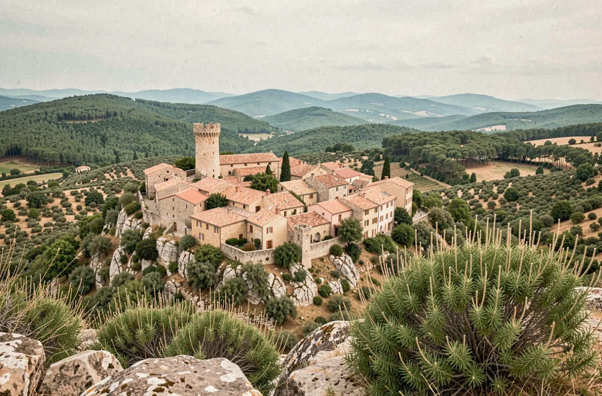 Vue panoramique du village perché de Bargemon avec toits en tuiles romaines et paysage provençal environnant