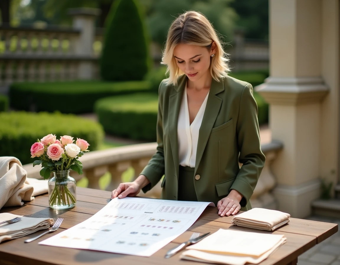 Wedding planner organisant les détails d'un mariage sur une terrasse de château avec échantillons de tissus et plan de table